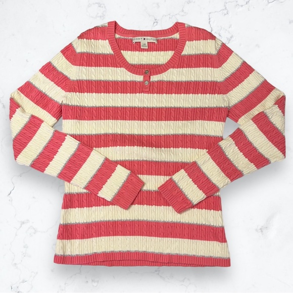Tommy Hilfiger Pink, Off-white, and Silver Striped Cable Knit Sweater Large - Picture 1 of 12